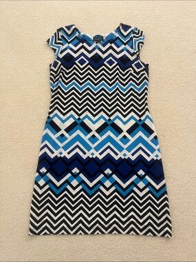 Liz Claiborne Blue and White Geometric Cap-Sleeve Mini Dress